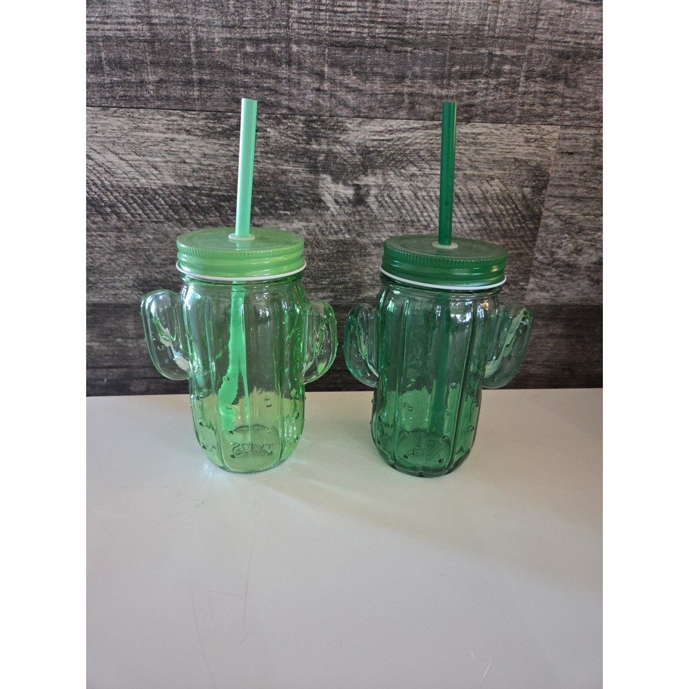 Glass Cactus Drinking Glass With Straw Cover Set Of 2 Margarita Glasses